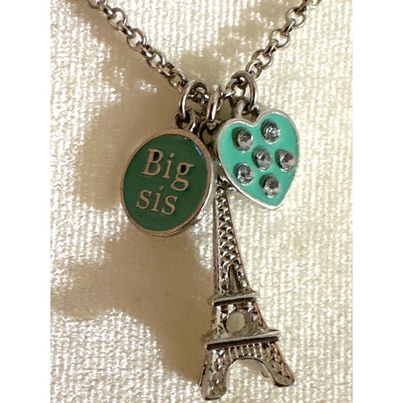 Big Sis Gift Eiffel Tower Pendant Necklace Paris France Heart Silver Chain - Picture 7 of 8